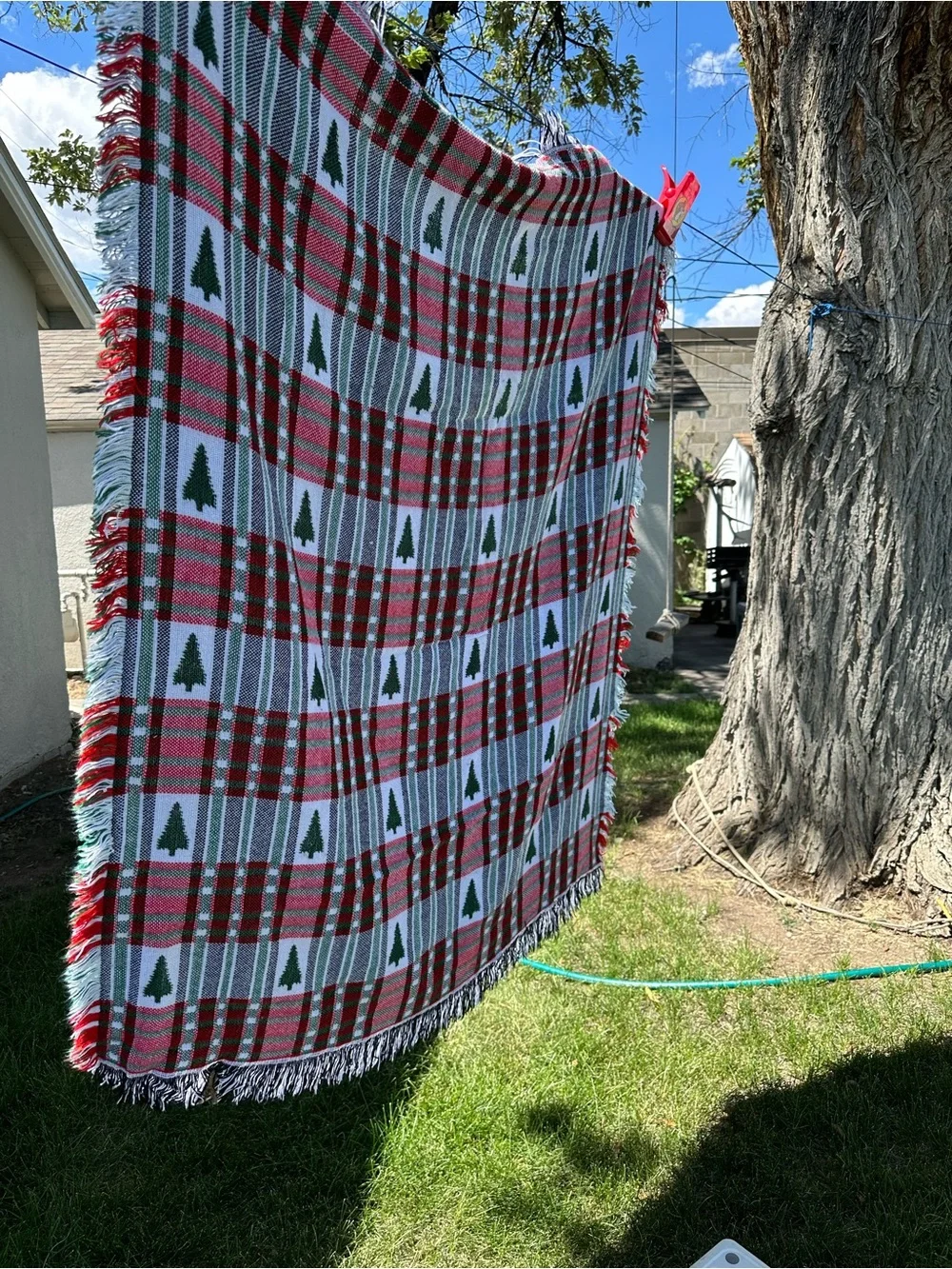 Holiday Plaid Throw Blanket with Pine Tree Motif - Red & Green reversible fringe
